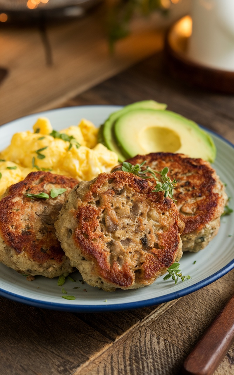 Delicious mushroom sausage breakfast patties served with scrambled eggs and avocado on a rustic plate.